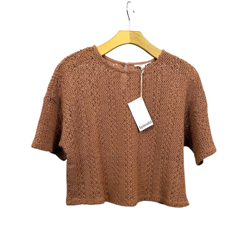 SPLENDID women’s teak colored Finley cotton blend crochet short sleeve sweater